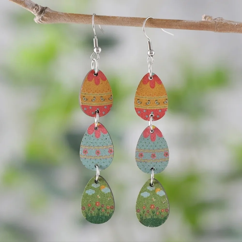 Easter Eggs Earrings Wood 3 Tiers Of Eggs - Picture 7 of 13